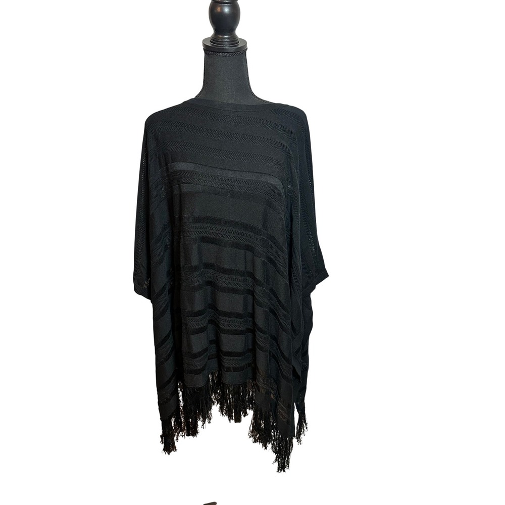 Johnny‎ Was Black Pima Cotton Modal Striped Pointelle Fringe Poncho OS Old Money